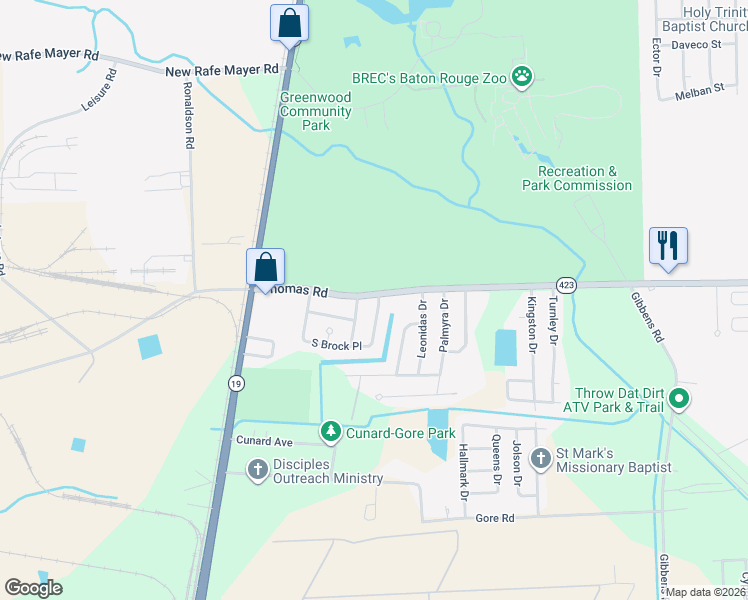 map of restaurants, bars, coffee shops, grocery stores, and more near 12357 East Brock Place in Baton Rouge