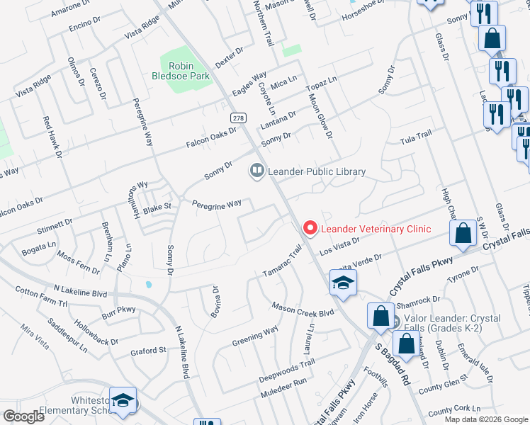 map of restaurants, bars, coffee shops, grocery stores, and more near 1203 Still Meadow Drive in Leander