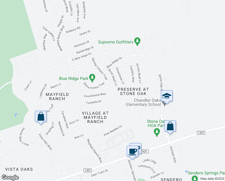 map of restaurants, bars, coffee shops, grocery stores, and more near 1001 Balanced Rock Place in Round Rock