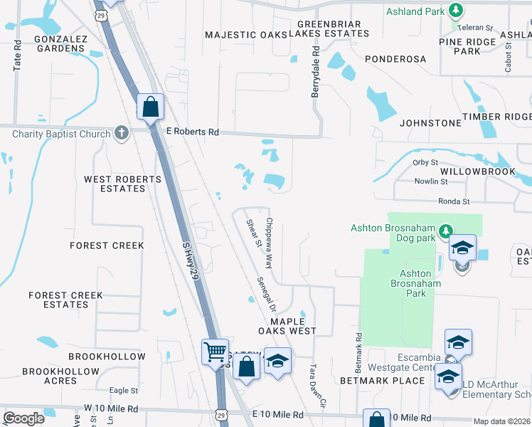 map of restaurants, bars, coffee shops, grocery stores, and more near 10970 Chippewa Way in Pensacola