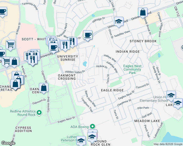 map of restaurants, bars, coffee shops, grocery stores, and more near 1201 Hidden Valley Drive in Round Rock
