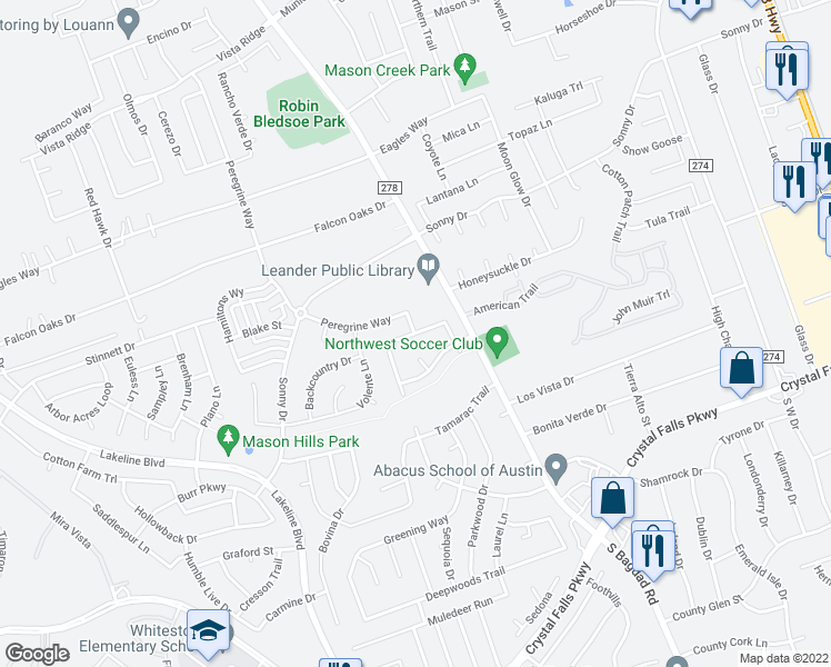 map of restaurants, bars, coffee shops, grocery stores, and more near Nightshade Ln & Penstemon Dr in Leander