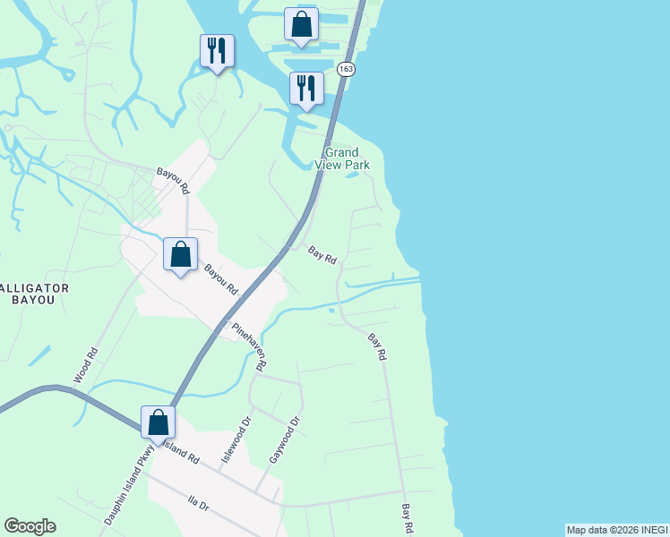 map of restaurants, bars, coffee shops, grocery stores, and more near 6350 Bay Road in Mobile