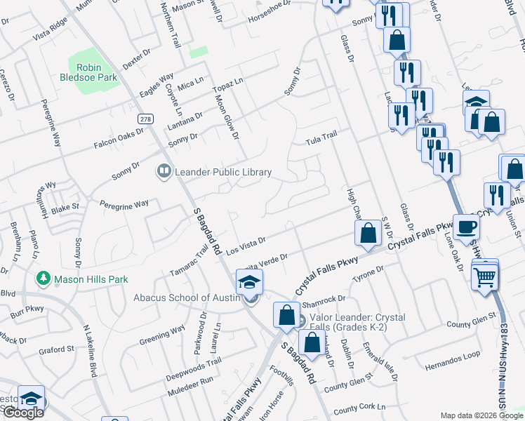 map of restaurants, bars, coffee shops, grocery stores, and more near 1352 Eagle Ridge Trail in Leander