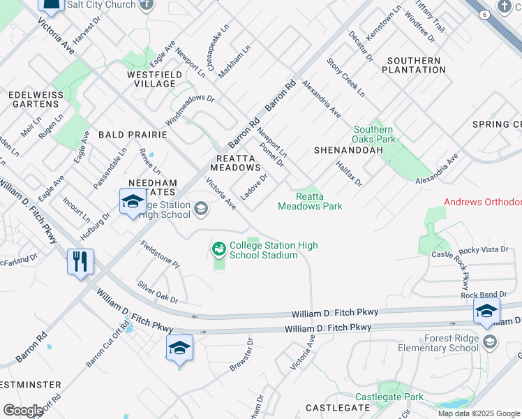 map of restaurants, bars, coffee shops, grocery stores, and more near 906 Barchetta Drive in College Station