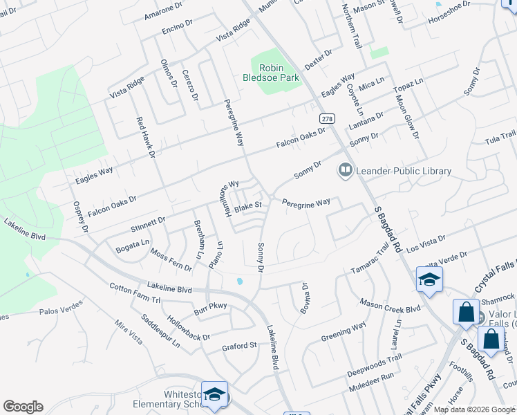 map of restaurants, bars, coffee shops, grocery stores, and more near 1400 Blake Street in Leander