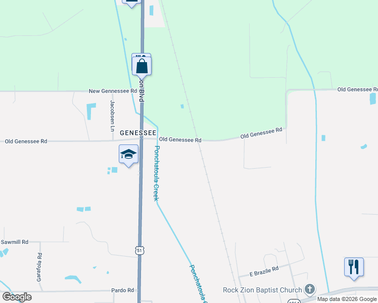 map of restaurants, bars, coffee shops, grocery stores, and more near 15126 Old Genessee Road in Tickfaw