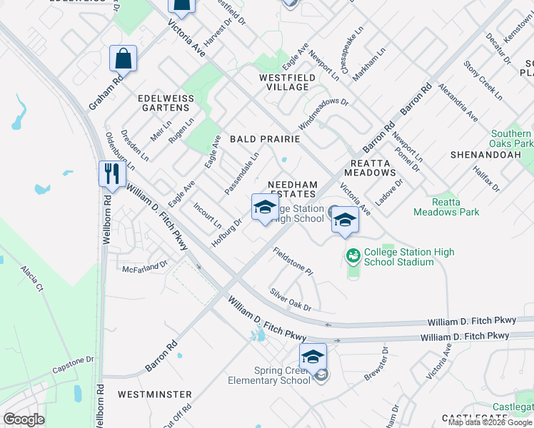 map of restaurants, bars, coffee shops, grocery stores, and more near 2670 Barron Road in College Station