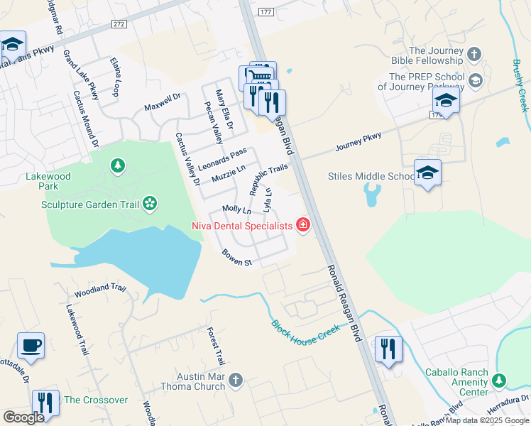 map of restaurants, bars, coffee shops, grocery stores, and more near 2429 Lyla Lane in Leander