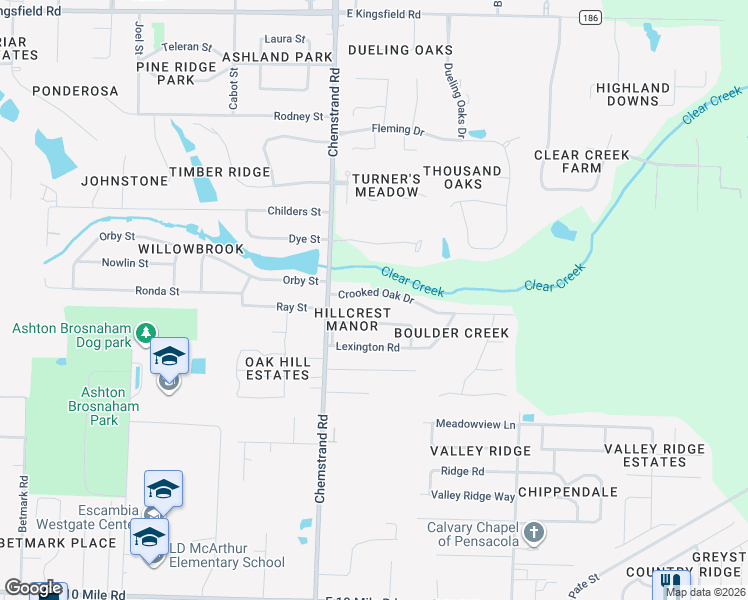 map of restaurants, bars, coffee shops, grocery stores, and more near 731 Crooked Oak Drive in Pensacola