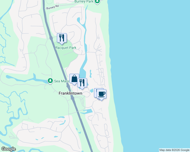 map of restaurants, bars, coffee shops, grocery stores, and more near 2040 Beachwood Road in Fernandina Beach