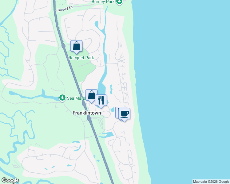 map of restaurants, bars, coffee shops, grocery stores, and more near 2040 Beachwood Road in Fernandina Beach