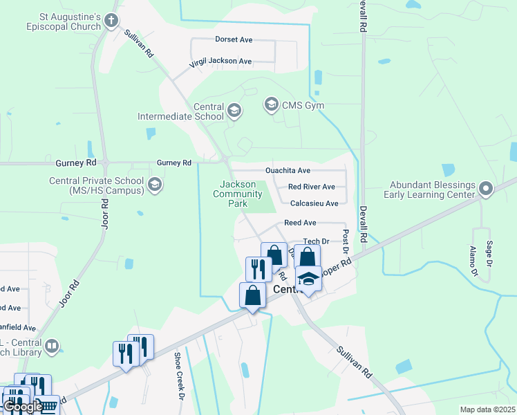 map of restaurants, bars, coffee shops, grocery stores, and more near 12250 Sullivan Road in Baton Rouge