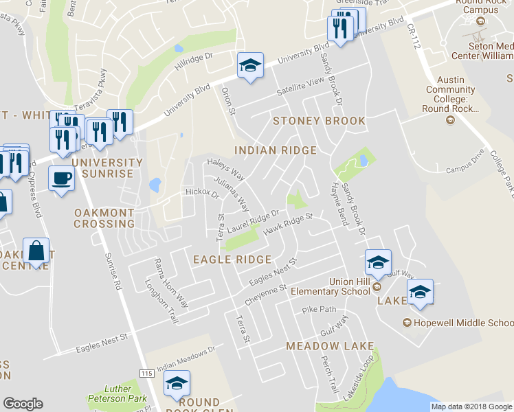 map of restaurants, bars, coffee shops, grocery stores, and more near 3705 Haleys Way in Round Rock