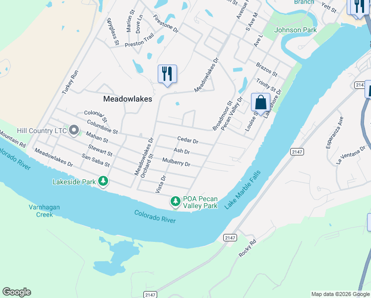 map of restaurants, bars, coffee shops, grocery stores, and more near 1115 Mulberry Drive in Marble Falls