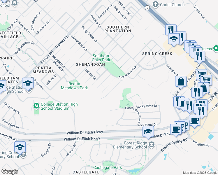 map of restaurants, bars, coffee shops, grocery stores, and more near 1104 Brunswick Court in College Station