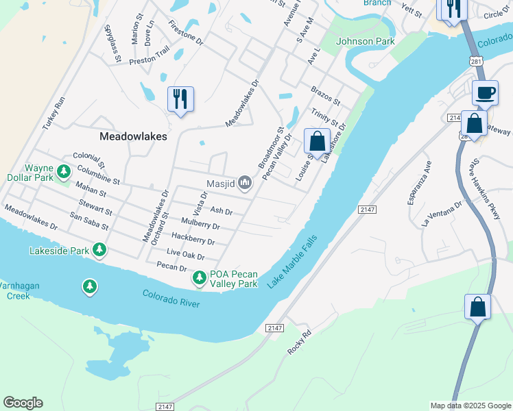 map of restaurants, bars, coffee shops, grocery stores, and more near 1303 Pecan Valley Drive in Marble Falls