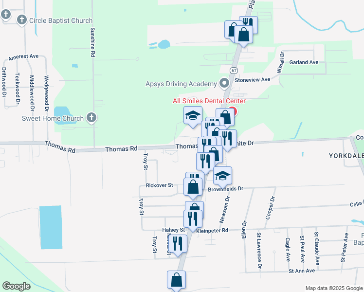 map of restaurants, bars, coffee shops, grocery stores, and more near 5686 Thomas Road in Brownfields