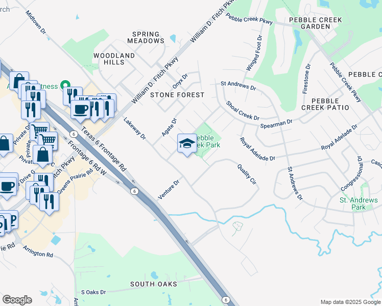 map of restaurants, bars, coffee shops, grocery stores, and more near 200 Parkview Drive in College Station