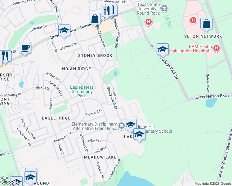 map of restaurants, bars, coffee shops, grocery stores, and more near 3601 Sandy Brook Drive in Round Rock