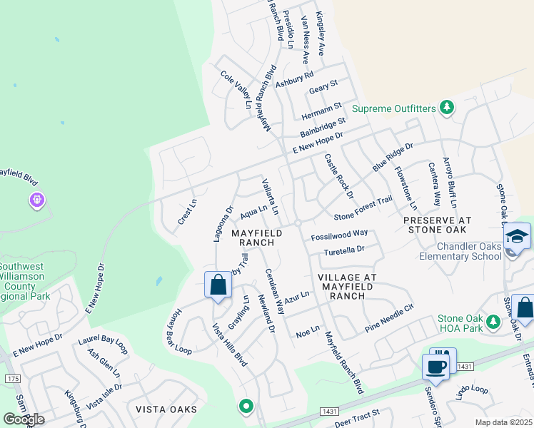 map of restaurants, bars, coffee shops, grocery stores, and more near 3821 Sky Lane in Round Rock