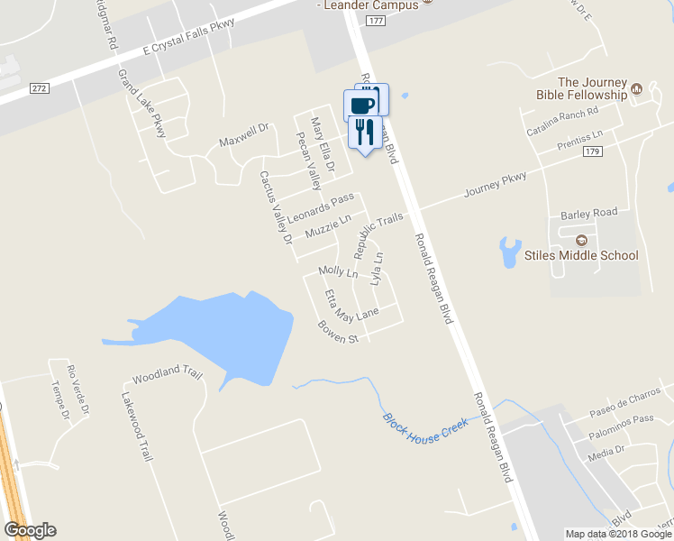 map of restaurants, bars, coffee shops, grocery stores, and more near Molly Lane in Leander