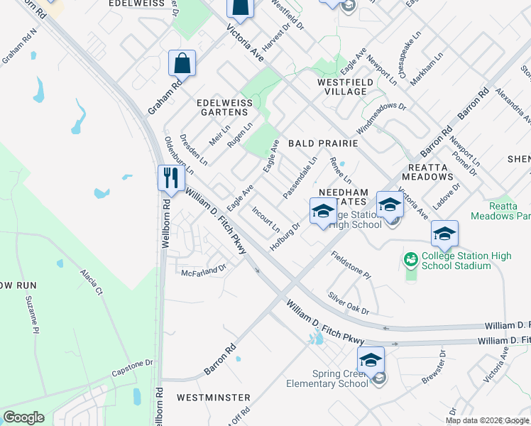 map of restaurants, bars, coffee shops, grocery stores, and more near 3906 Lambermont Drive in College Station