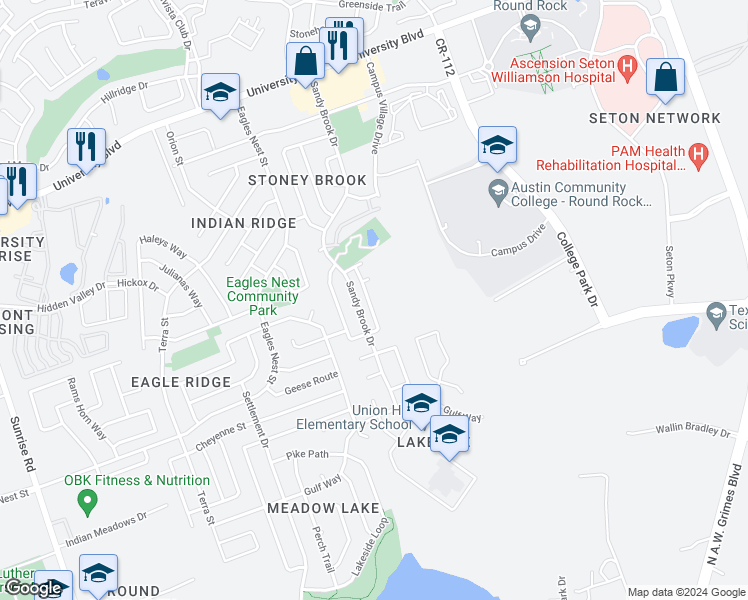 map of restaurants, bars, coffee shops, grocery stores, and more near 3601 Sandy Brook Drive in Round Rock