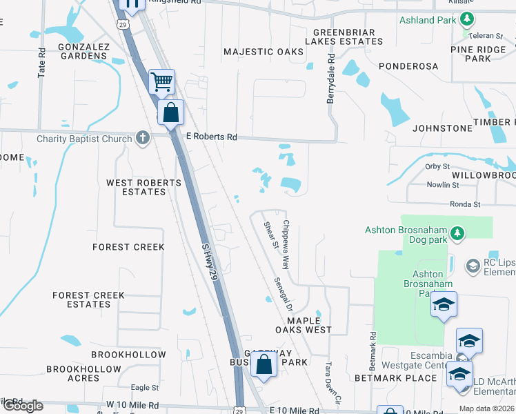map of restaurants, bars, coffee shops, grocery stores, and more near 10881 Chippewa Way in Pensacola