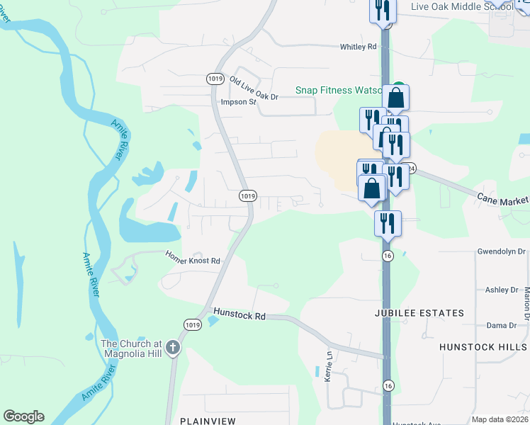 map of restaurants, bars, coffee shops, grocery stores, and more near 7537 Wascom Lane in Denham Springs