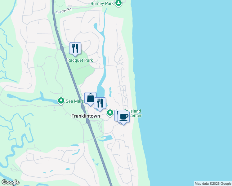 map of restaurants, bars, coffee shops, grocery stores, and more near 2072 Beachwood Road in Fernandina Beach