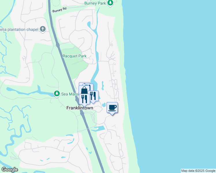 map of restaurants, bars, coffee shops, grocery stores, and more near 2072 Beachwood Road in Fernandina Beach