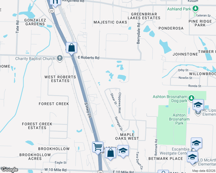 map of restaurants, bars, coffee shops, grocery stores, and more near 10881 Chippewa Way in Pensacola