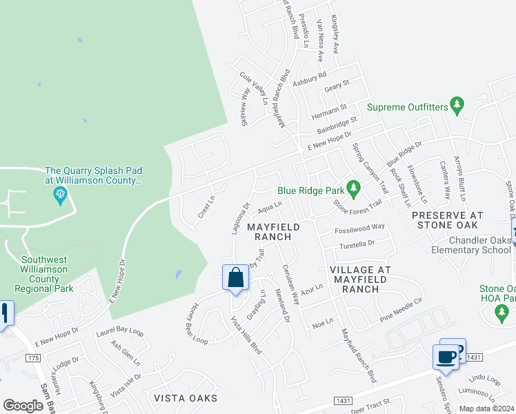 map of restaurants, bars, coffee shops, grocery stores, and more near 3840 Aqua Lane in Round Rock