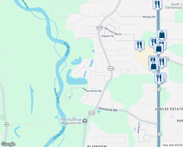 map of restaurants, bars, coffee shops, grocery stores, and more near 7333 Lake Meadow Drive in Denham Springs