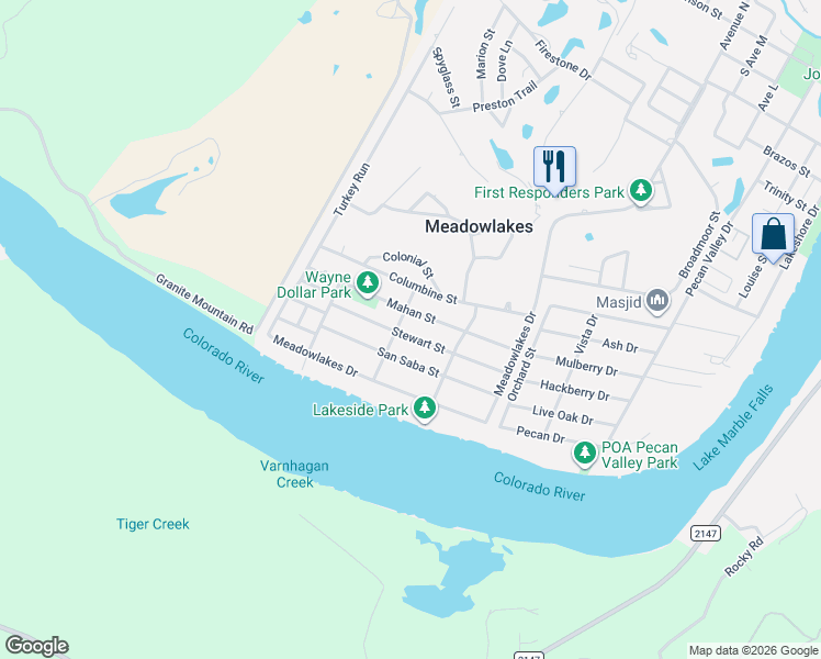 map of restaurants, bars, coffee shops, grocery stores, and more near 266 Quail in Meadowlakes