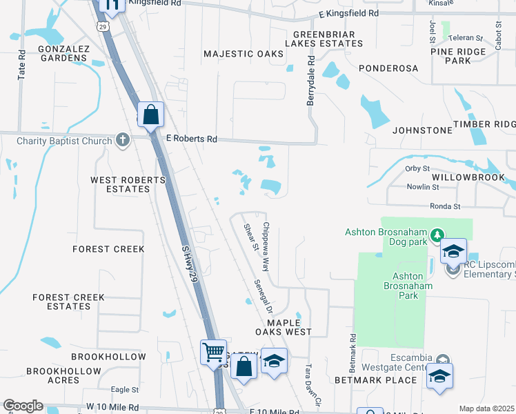 map of restaurants, bars, coffee shops, grocery stores, and more near 10919 Chippewa Way in Pensacola