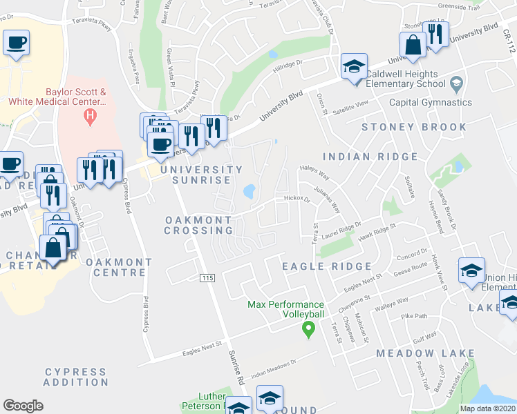 map of restaurants, bars, coffee shops, grocery stores, and more near 902 Hidden Valley Drive in Round Rock