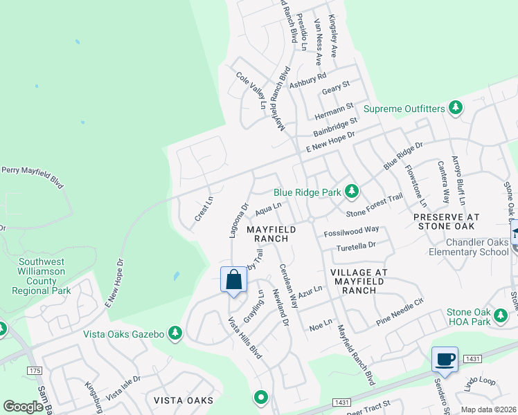 map of restaurants, bars, coffee shops, grocery stores, and more near 3836 Aqua Lane in Round Rock