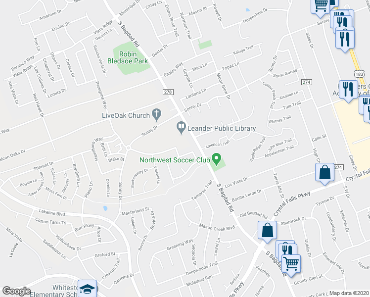 map of restaurants, bars, coffee shops, grocery stores, and more near 1101 South Bagdad Road in Leander