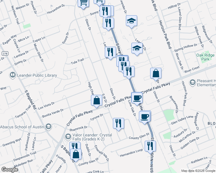 map of restaurants, bars, coffee shops, grocery stores, and more near 1501 Glass Drive in Leander