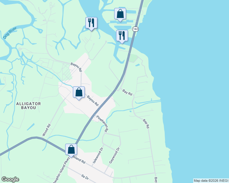map of restaurants, bars, coffee shops, grocery stores, and more near 6346 Dauphin Island Parkway in Mobile