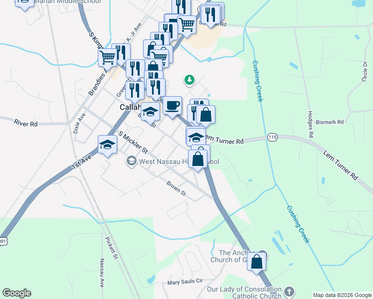 map of restaurants, bars, coffee shops, grocery stores, and more near 401 South Booth Street in Callahan