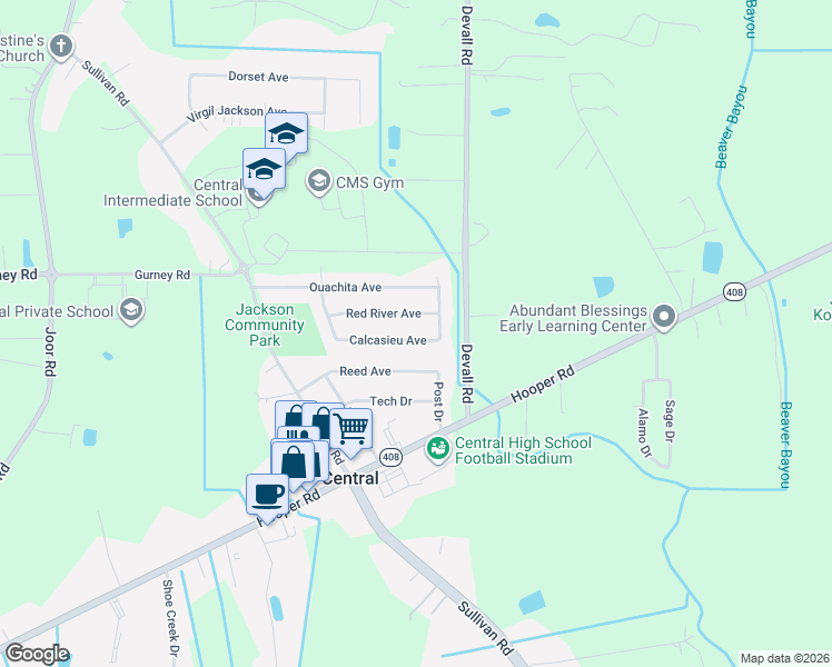 map of restaurants, bars, coffee shops, grocery stores, and more near 13824 Red River Avenue in Baton Rouge
