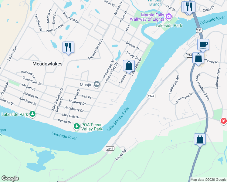 map of restaurants, bars, coffee shops, grocery stores, and more near 1003 Barrier Lane in Marble Falls