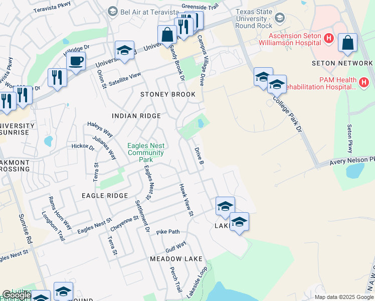 map of restaurants, bars, coffee shops, grocery stores, and more near 3648 Sandy Brook Drive in Round Rock