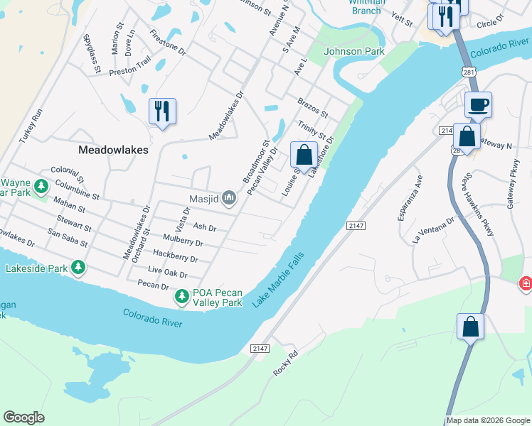 map of restaurants, bars, coffee shops, grocery stores, and more near 1003 Barrier Lane in Marble Falls