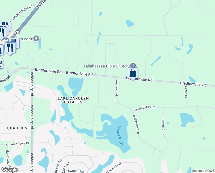 map of restaurants, bars, coffee shops, grocery stores, and more near 7582 Camero Drive in Tallahassee