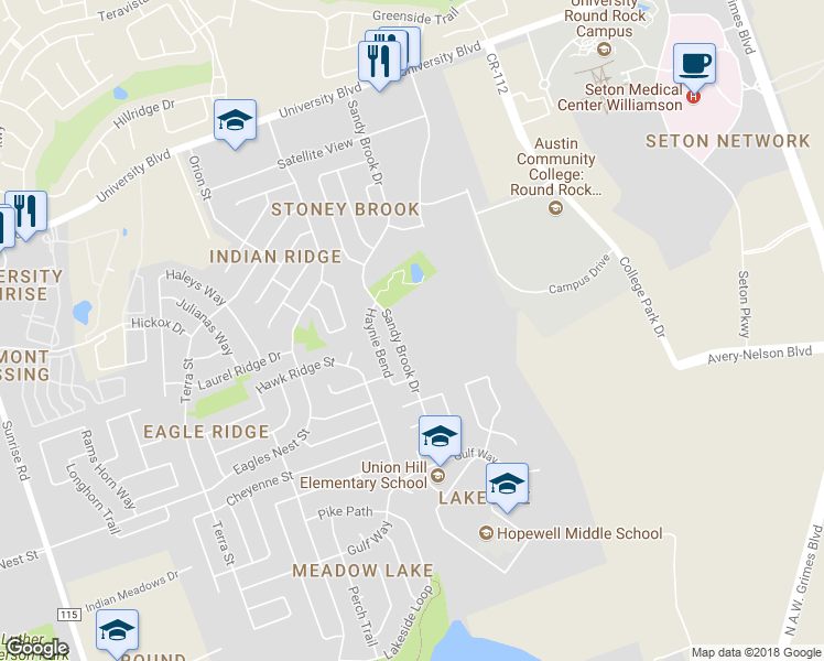 map of restaurants, bars, coffee shops, grocery stores, and more near 3601 Sandy Brook Drive in Round Rock