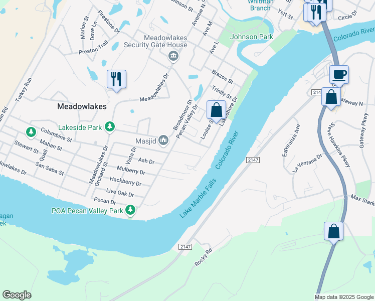 map of restaurants, bars, coffee shops, grocery stores, and more near 1003 Barrier Lane in Marble Falls